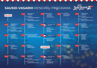 Ledo arenos sausio-vasario mėnesių renginių programos plakatas