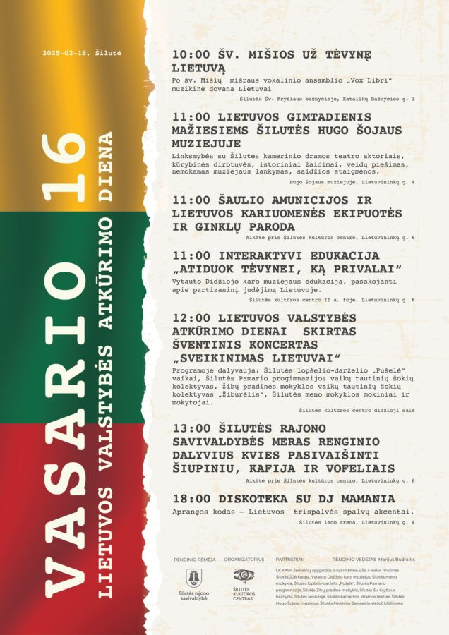 Vasario 16-osios Šilutėje programos plakatas