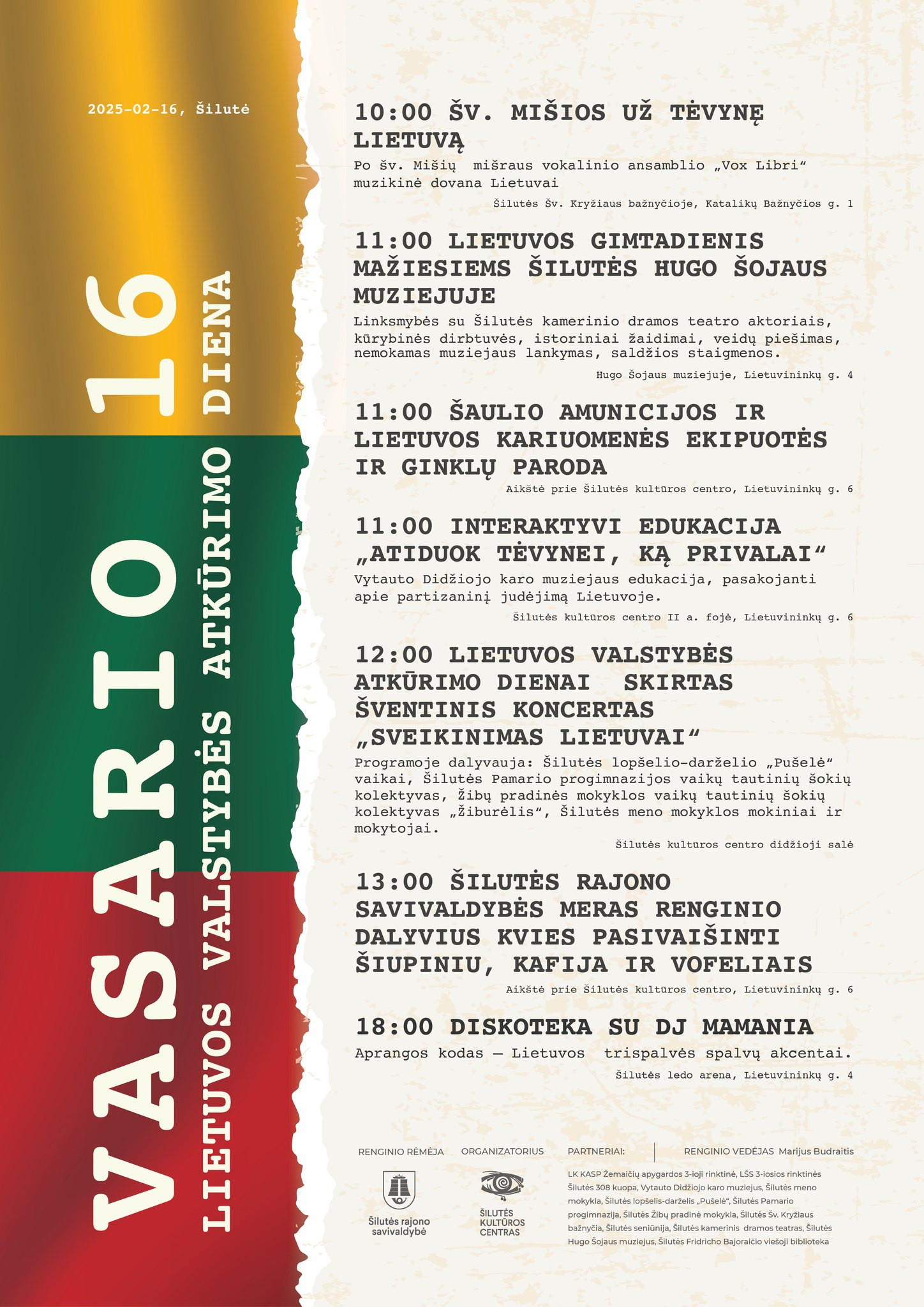 Vasario 16-osios Šilutėje programos plakatas