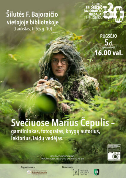 Susitikimo su gamtininku Mariumi Čepuliu renginio programos plakatas