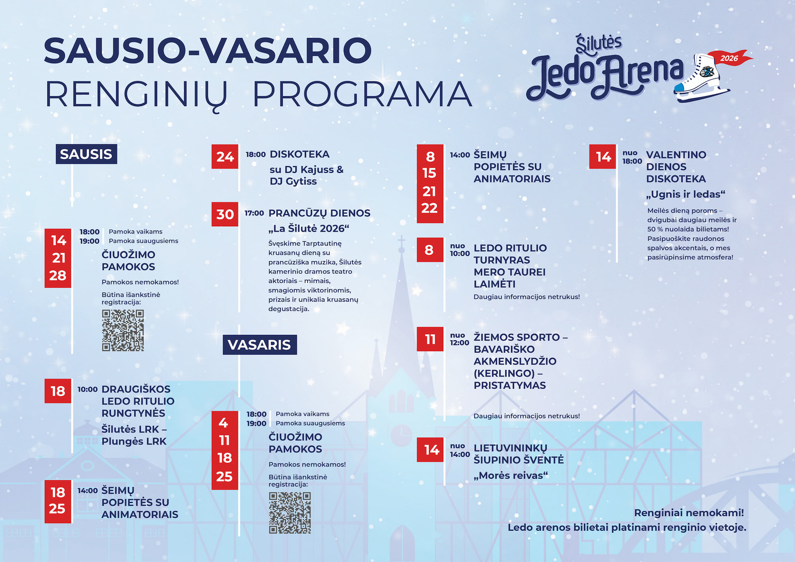 Плакат программы мероприятий ледовой арены Шилуте на январь–февраль 2026 года
