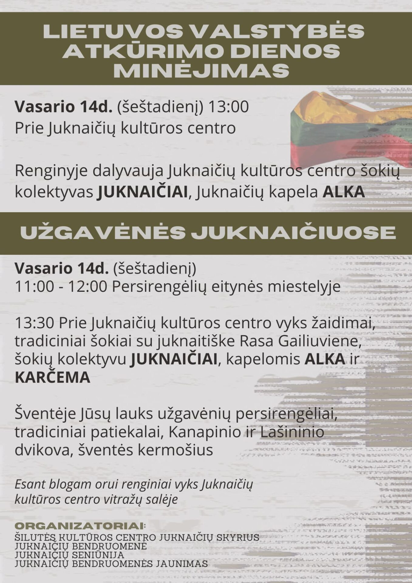 Užgavėnių ir Vasario 16-osios renginys Juknaičiuose – šventės plakatas su data ir programa