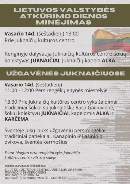 Užgavėnių ir Vasario 16-osios renginys Juknaičiuose – šventės plakatas su data ir programa