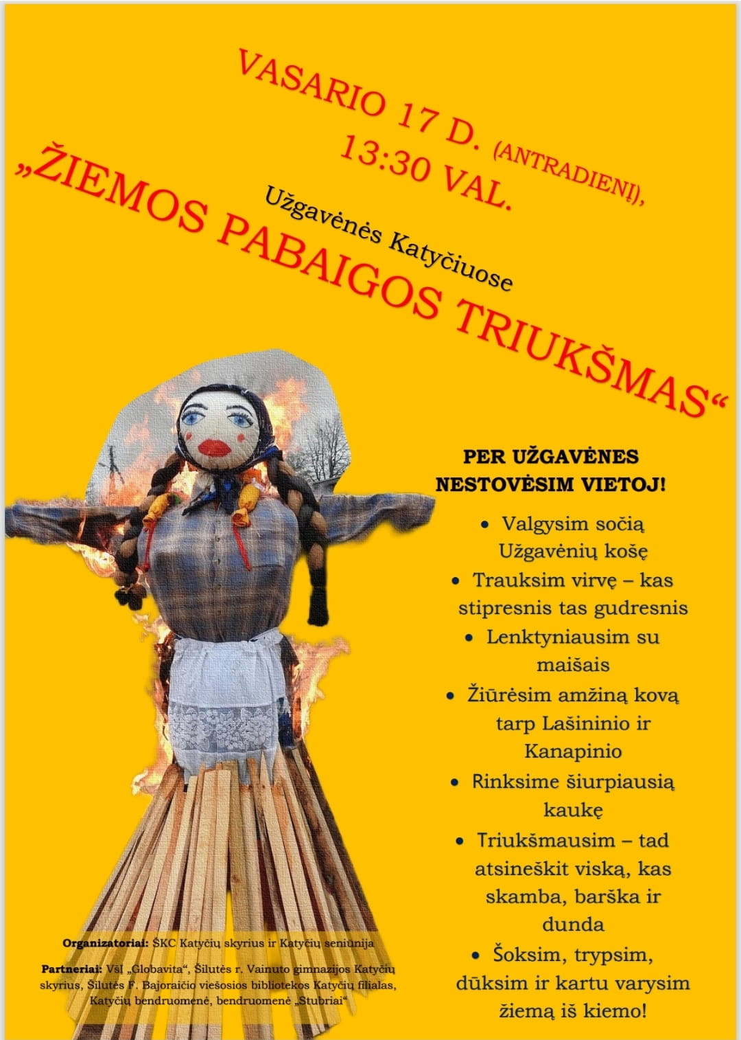 Užgavėnių renginys Katyčiuose – šventės plakatas su data ir programa