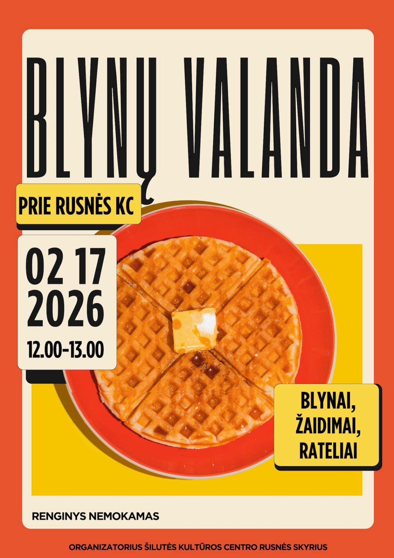 Užgavėnių renginys Rusnėje – šventės plakatas su data ir programa