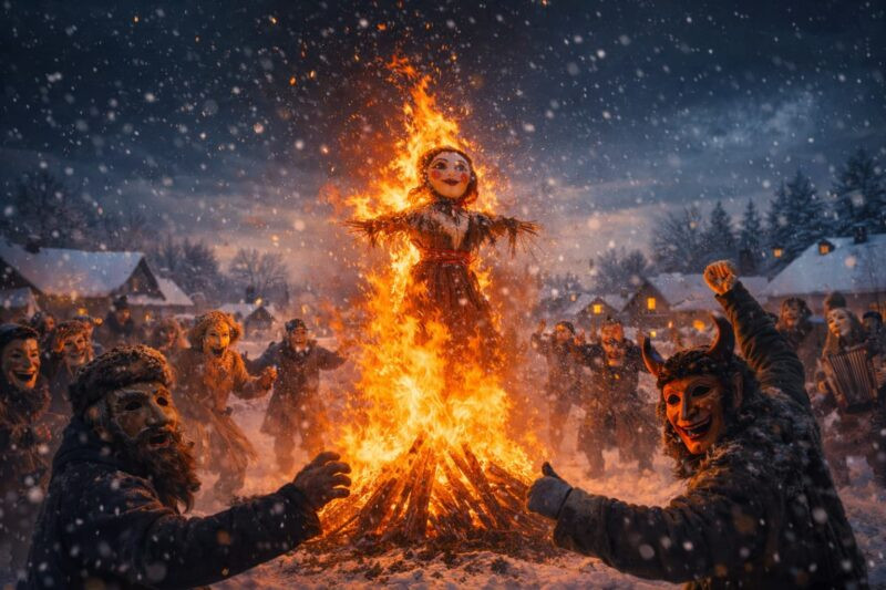 Užgavėnių šventė – deginama morė, o aplink laužą linksminasi kaukėti dalyviai.