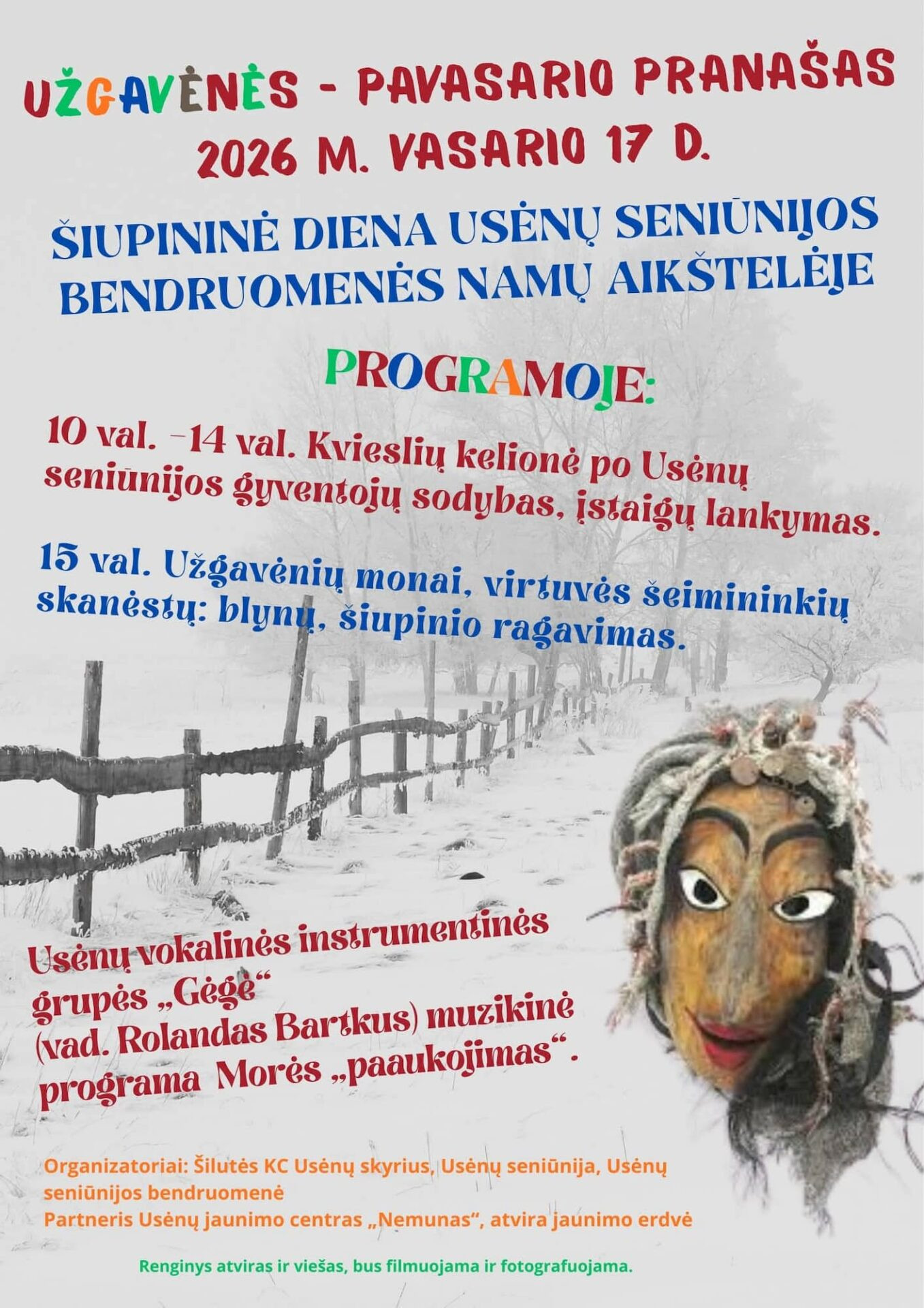 Užgavėnių renginys Usėnuose – šventės plakatas su data ir programa