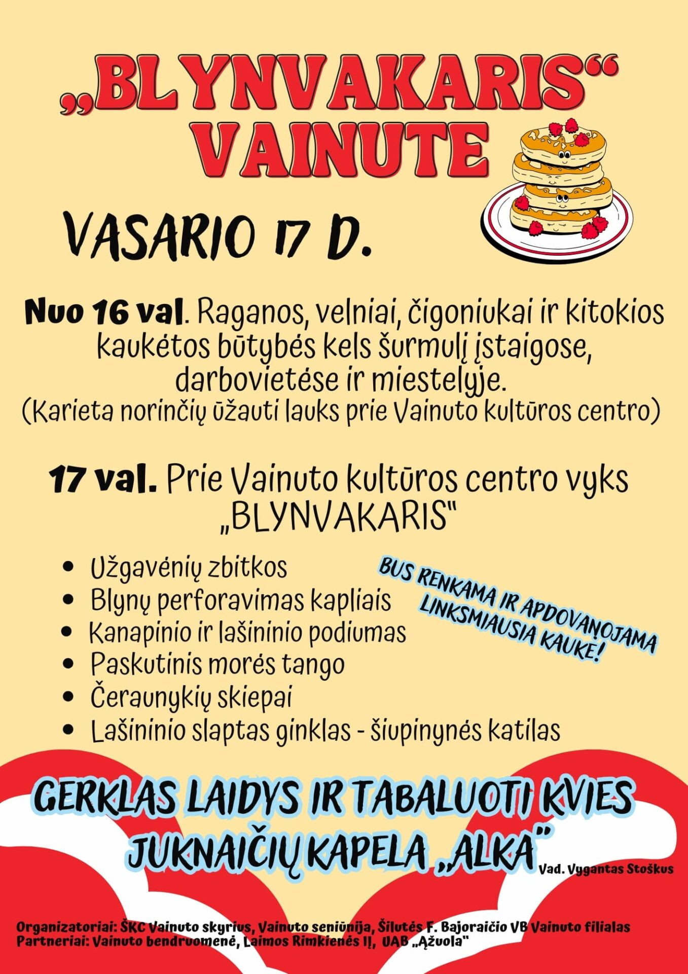 Užgavėnių renginys Vainute – šventės plakatas su data ir programa