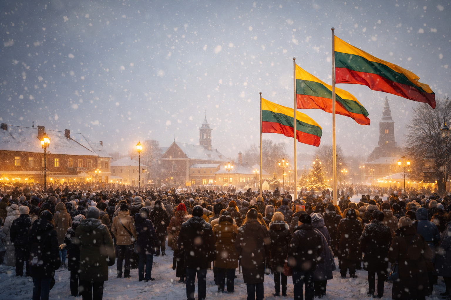 Žmonės susirinkę miesto aikštėje žiemos metu, plevėsuoja Lietuvos trispalvės.