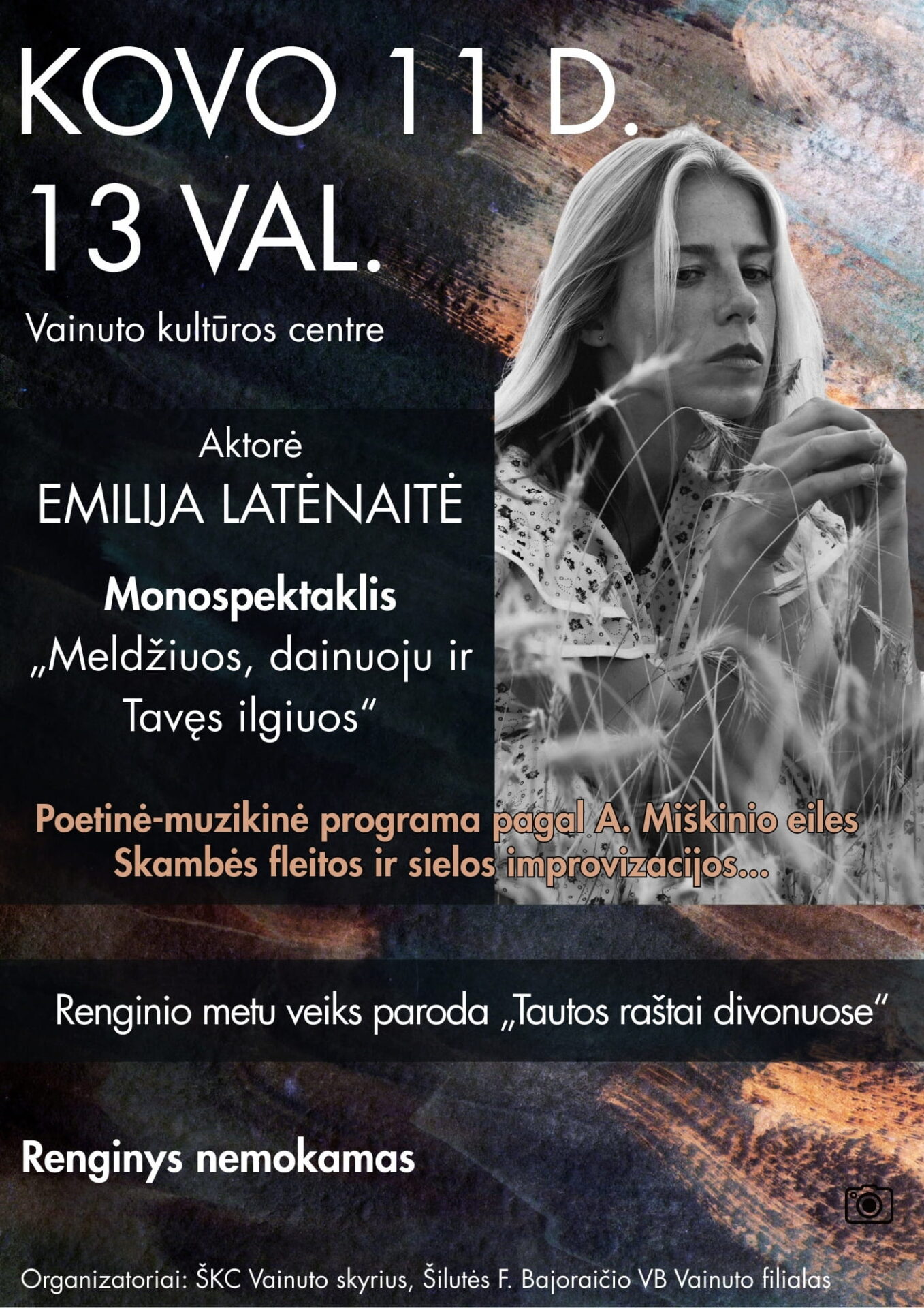 Poster of the monodrama “I Pray, I Sing and I Long for You” (“Meldžiuos, dainuoju ir Tavęs ilgiuos”)