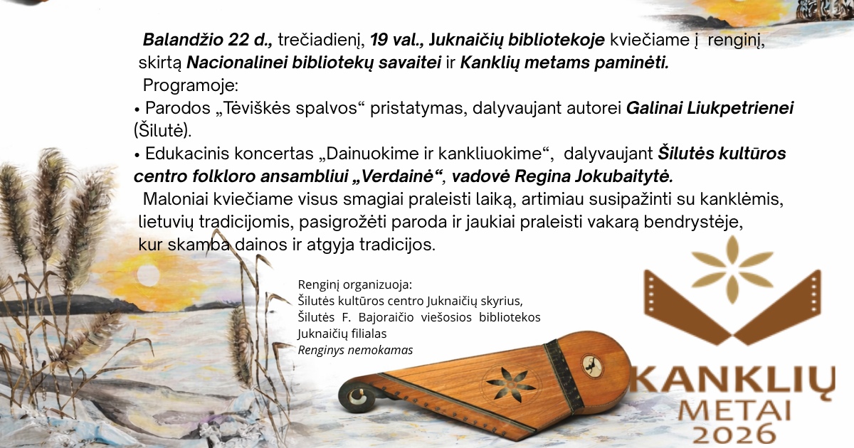 Renginio plakatas: paroda ir koncertas Juknaičių bibliotekoje