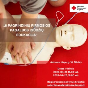 Informational poster about first aid training in Šilutė