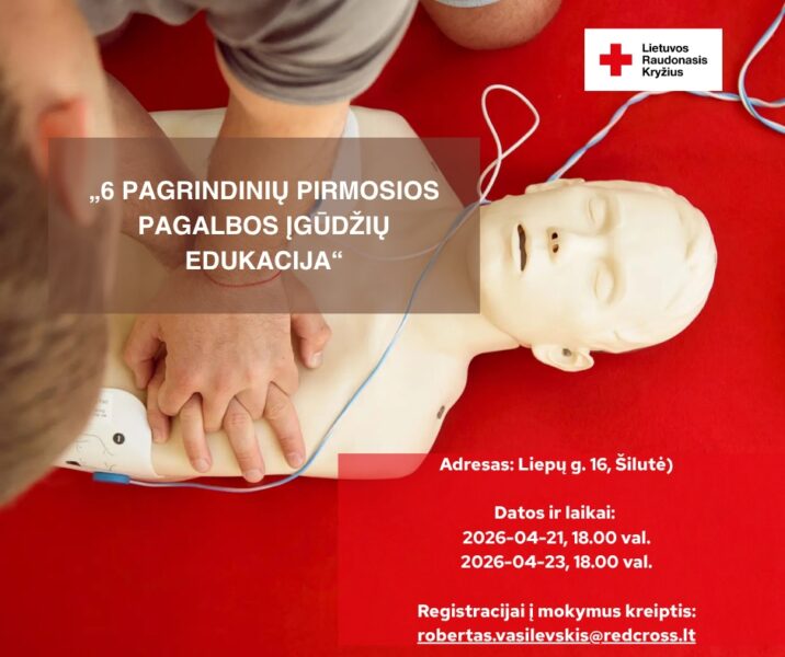 Informacinis plakatas apie pirmosios pagalbos įgūdžių mokymus Šilutėje