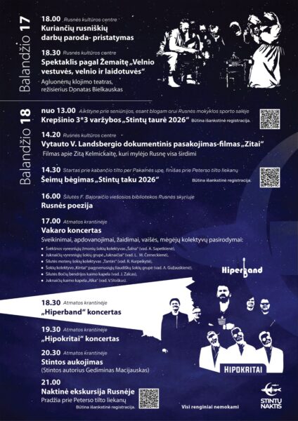 Stintų naktis 2026 renginių programos plakatas, balandžio 17–18 d., Rusnė.