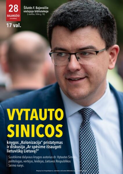 Informacinis plakatas apie Vytauto Sinicos knygos pristatymą Šilutėje