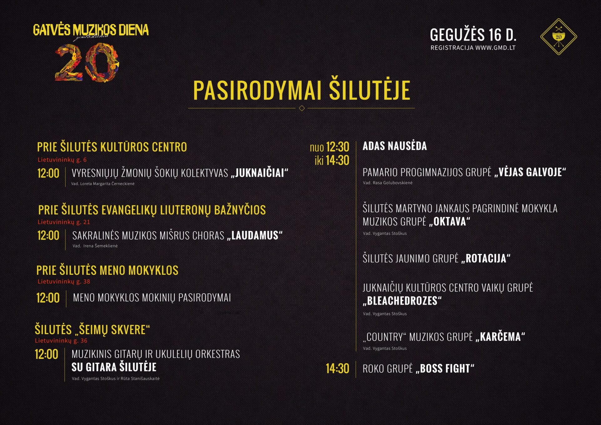 Gatvės muzikos dienos 2026 pasirodymų Šilutėje plakatas