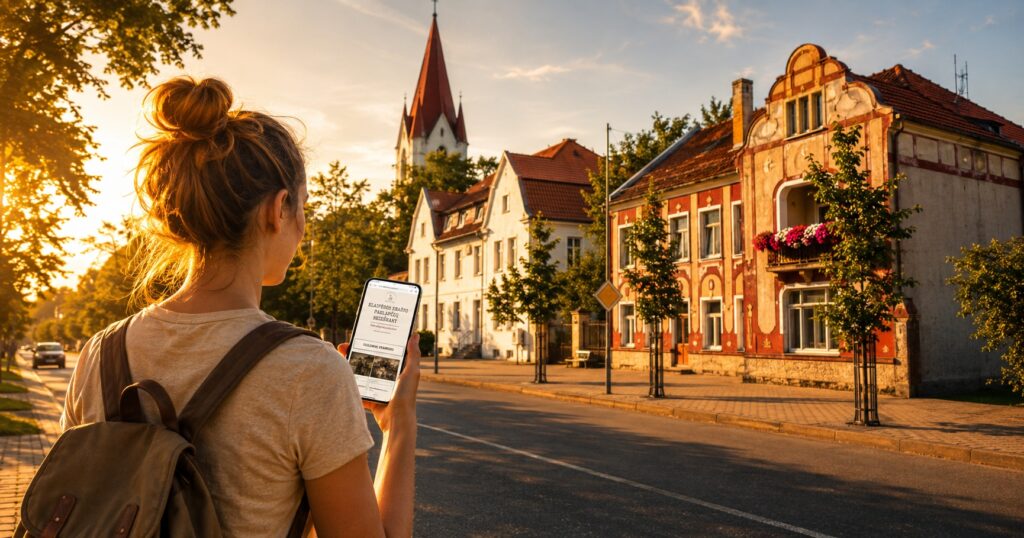 Moteris telefonu naudojasi interaktyvia ekskursija Šilutės gatvėje