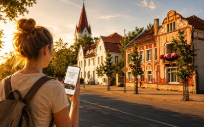 Moteris telefonu naudojasi interaktyvia ekskursija Šilutės gatvėje