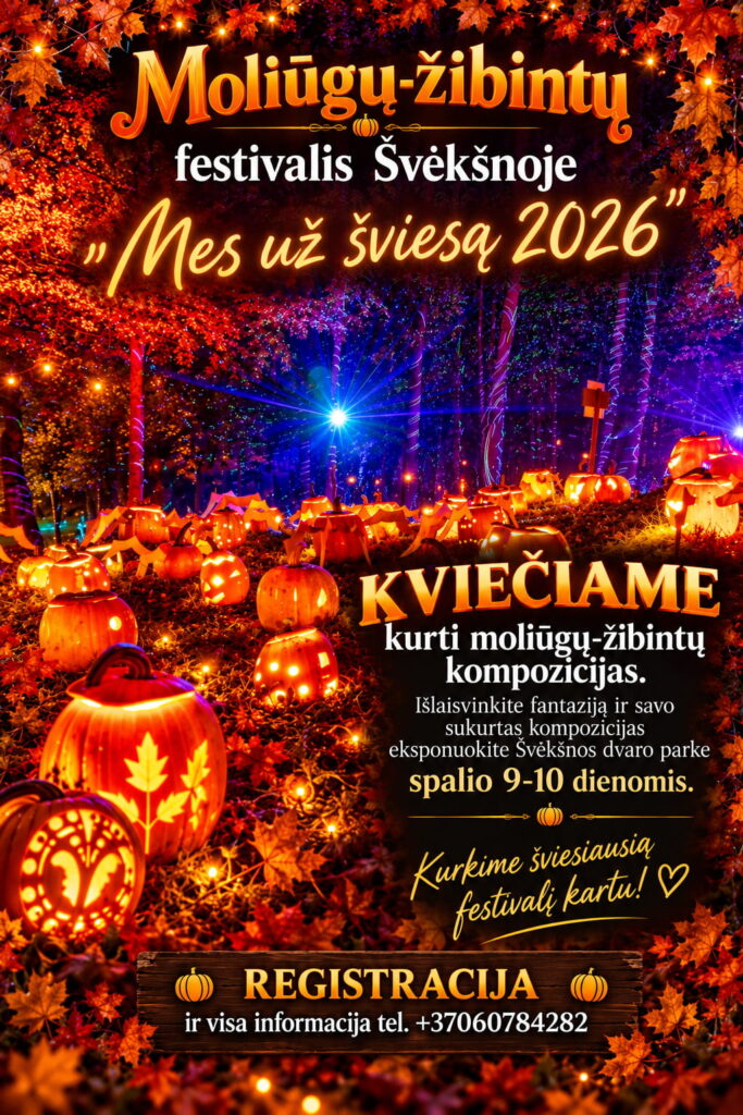 Kvietimo kurti moliūgų-žibintų kompozicijas plakatas