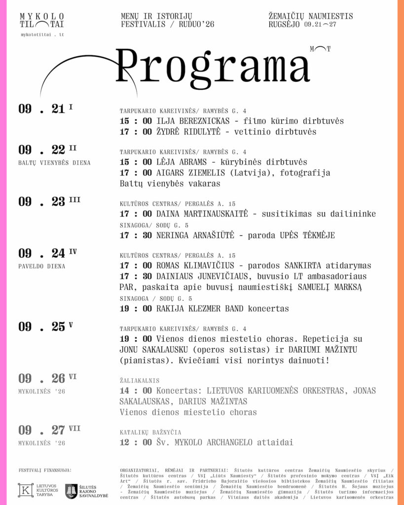 Menų ir istorijų festivalio „Mykolo tiltai“ Ruduo '26 programos plakatas