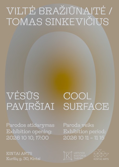 Viltės Bražiūnaitės ir Tomo Sinkevičiaus parodos „Vėsūs paviršiai“ plakatas